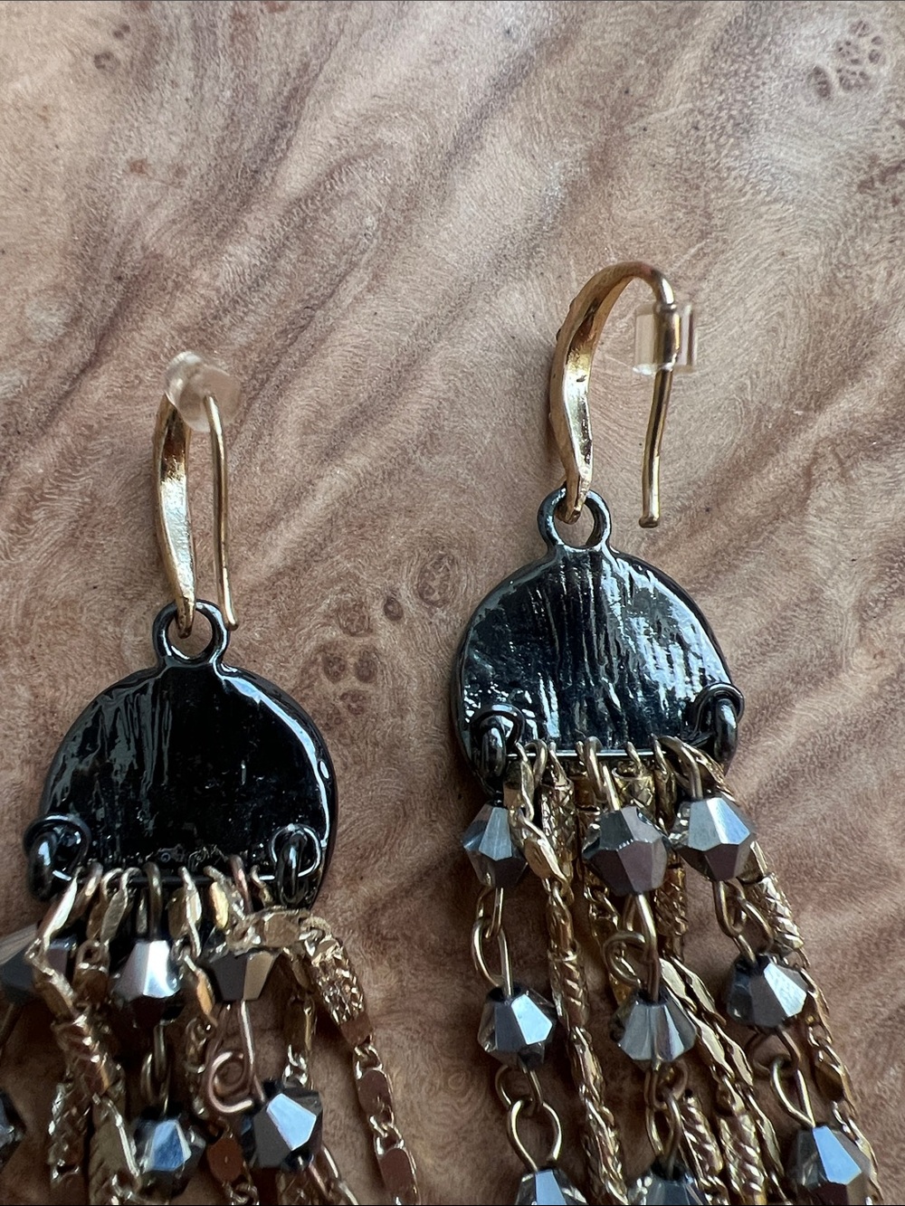 Black Crystal Round Top Gold-Tone Tassel Drop Earrings - Picture 4 of 6